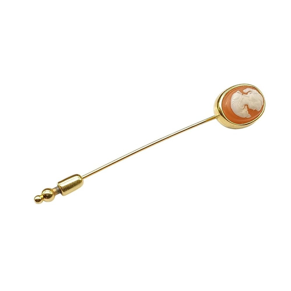 Vintage Crown Trifari Gold-Tone Cameo Stick Pin With Orange & Ivory Oval Portrai